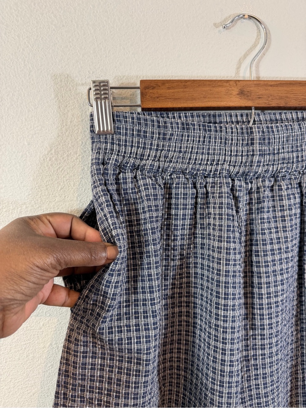 Mo:Vint Wide Leg Cropped Pants Size S Blue White Micro Gingham Pull On Waist - Picture 4 of 10